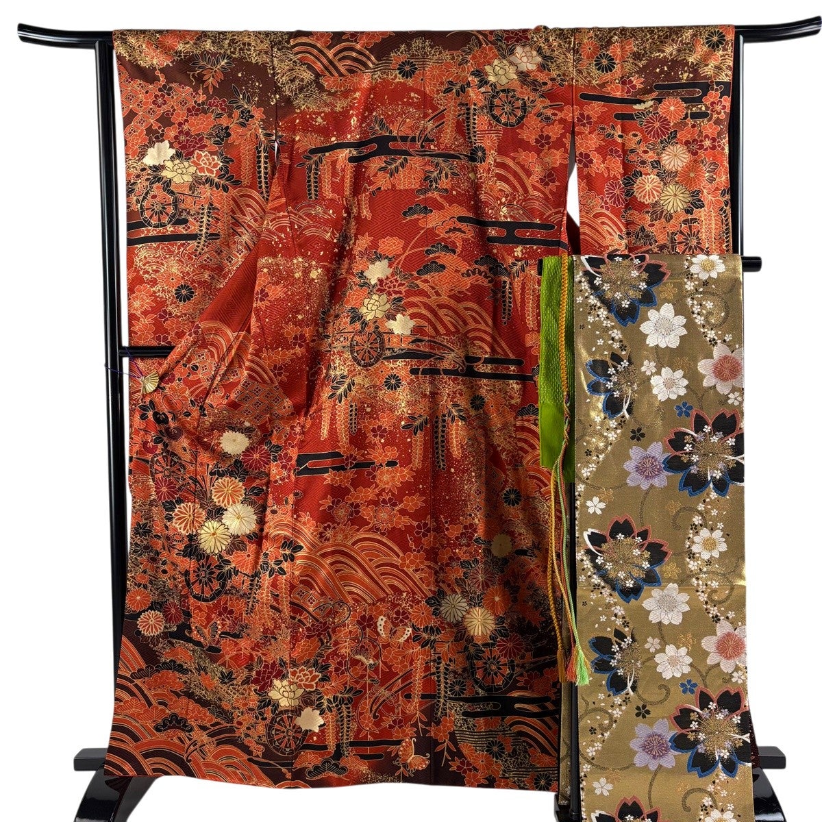 美品】 振袖 身丈163cm 裄丈65cm M 袷 袋帯フルセット 花車 波 金糸 美品】 振袖 身丈163cm 裄丈65cm M 袷 袋帯フルセット 花車 波 金糸