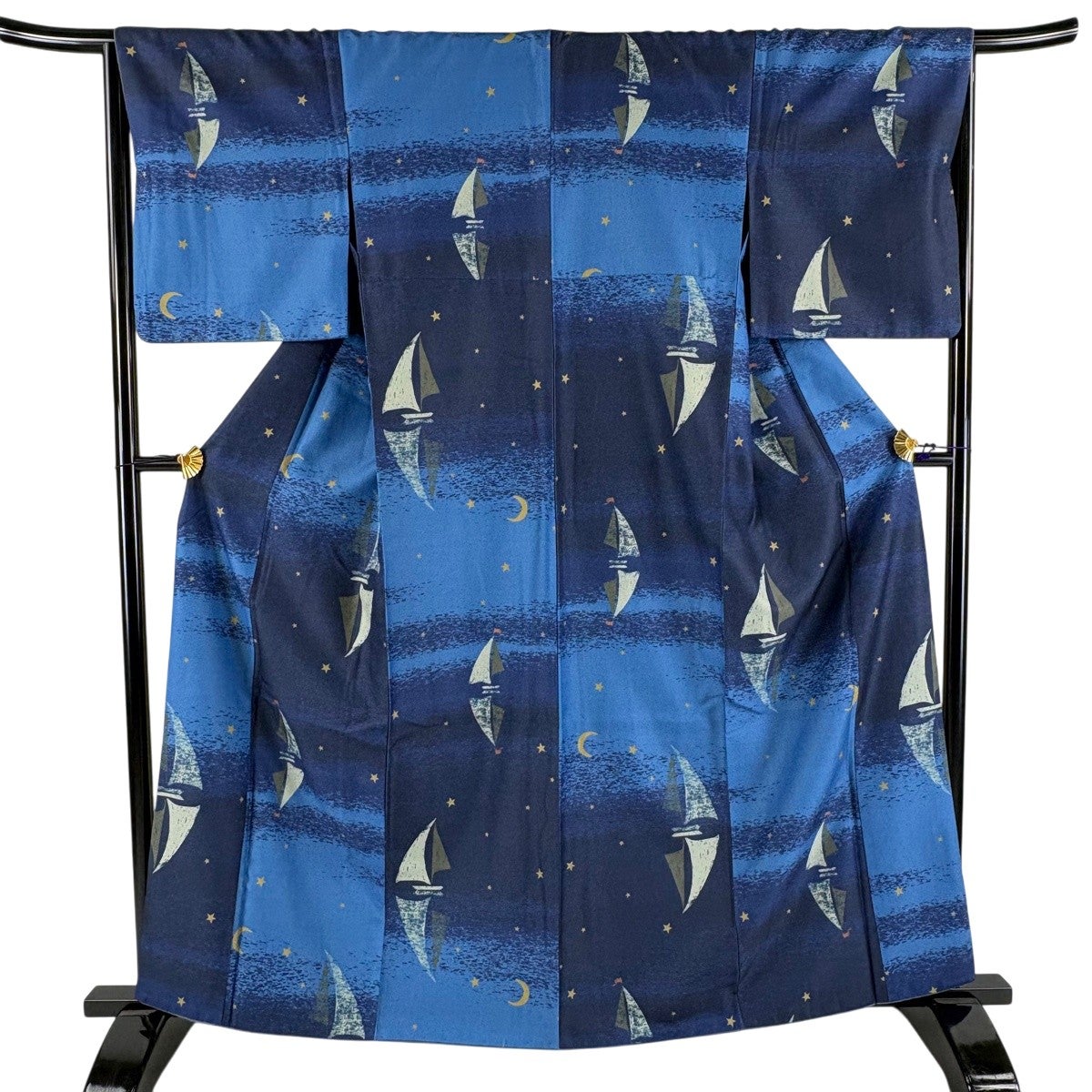 美品】 小紋 身丈162cm 裄丈66cm M 袷 洗える着物 星空 ヨット 紺色