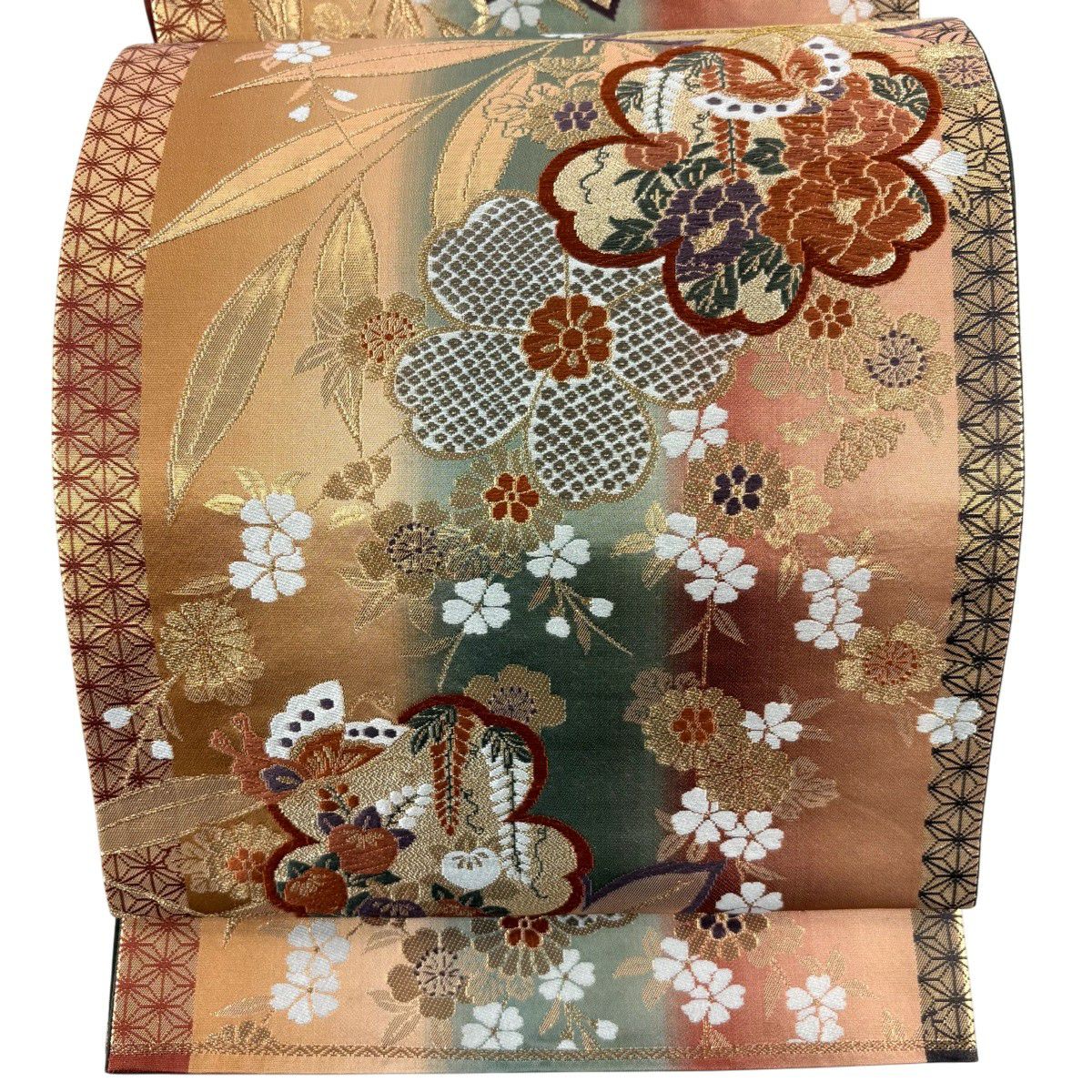 美品】 名古屋帯 優品 草花 地紋 絞り オレンジ 正絹｜中古・古着