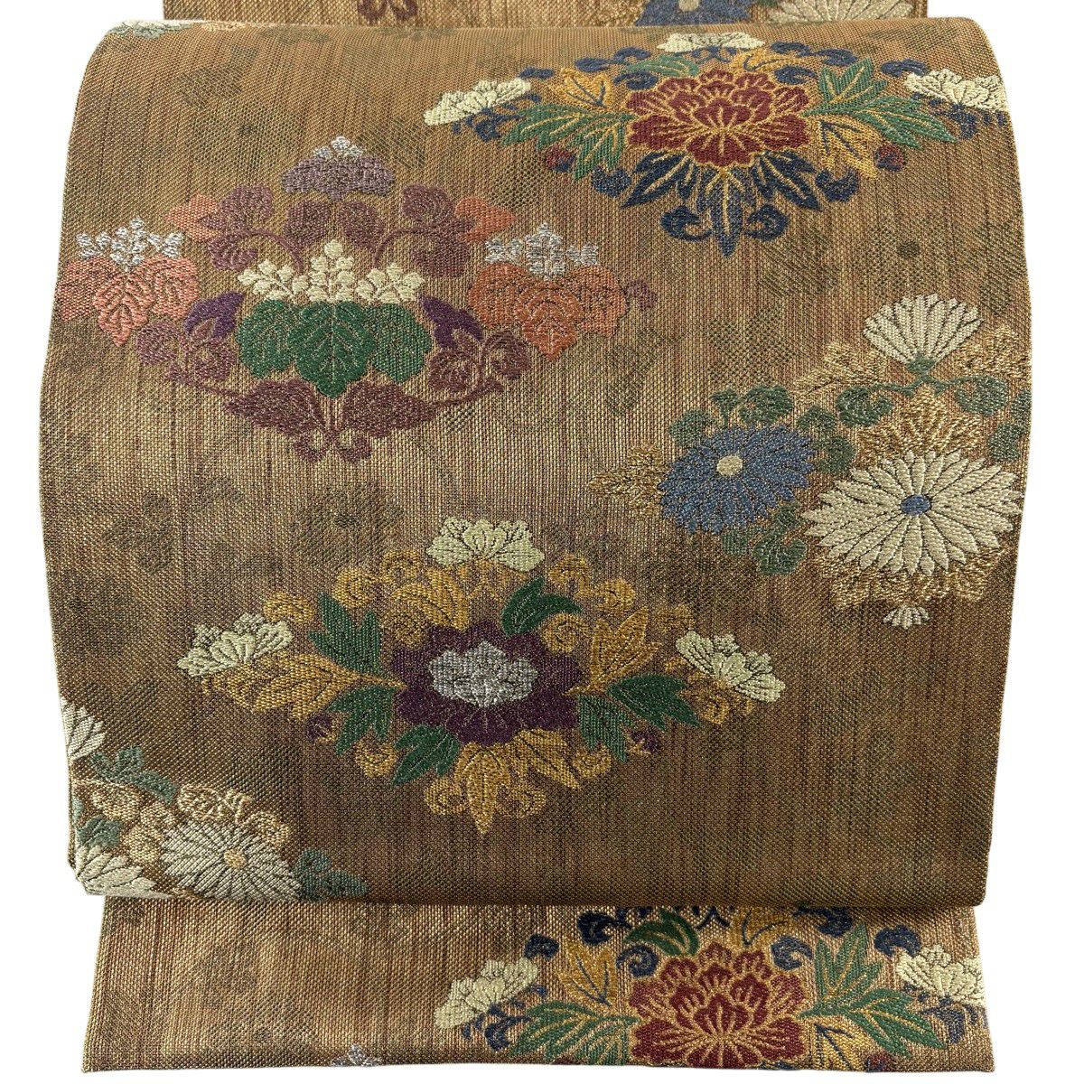 美品 袋帯 名品 菊 唐織 金銀糸 灰白 六通 正絹｜中古・古着