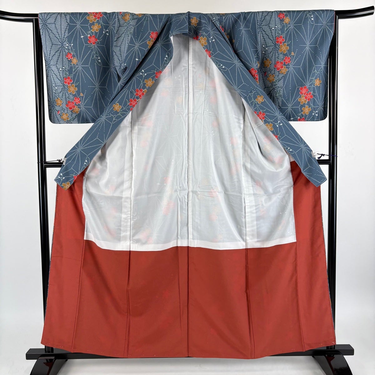 美品】 小紋 身丈160.5cm 裄丈66cm M 袷 桜 麻の葉 青灰色 化繊 優品