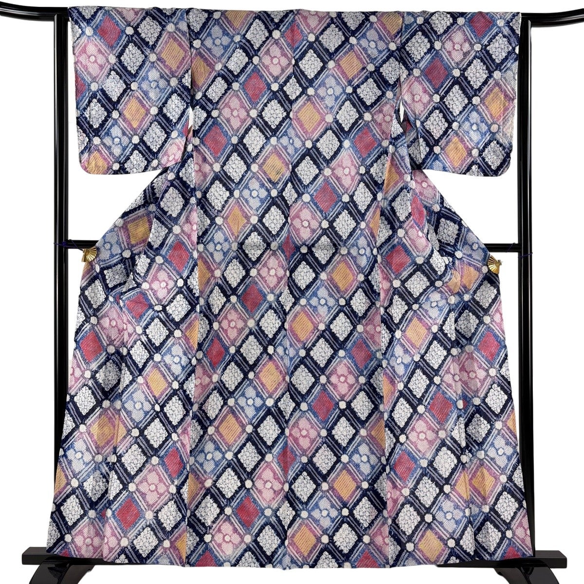浴衣 身丈160cm 裄丈62.5cm S 絞り浴衣 菱 紺色 綿 名品｜中古・古着
