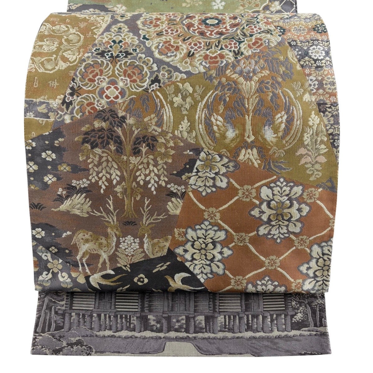 美品】 袋帯 名品 七宝 鳥 金銀糸 青灰色 全通 正絹｜中古・古着