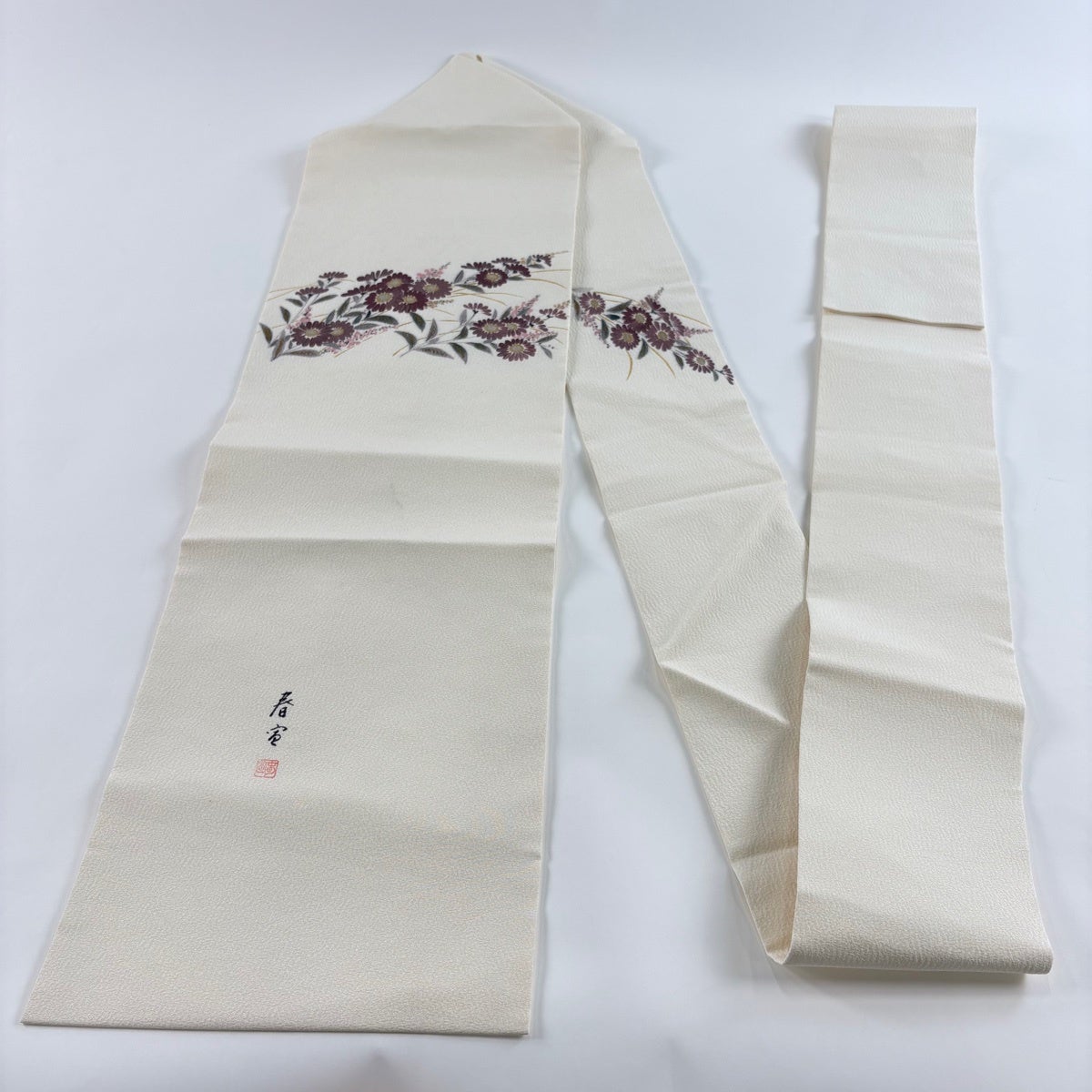 名古屋帯 なごや帯 中古 リサイクル 正絹 縮緬地 仕立て上がり 山科春宣 落款 花鳥の図 蘇芳色 多色 きもの北條 A1315-16 名古屋帯 なごや帯 リサイクル レディース 正絹 緑 箔地 花 長さ365cm