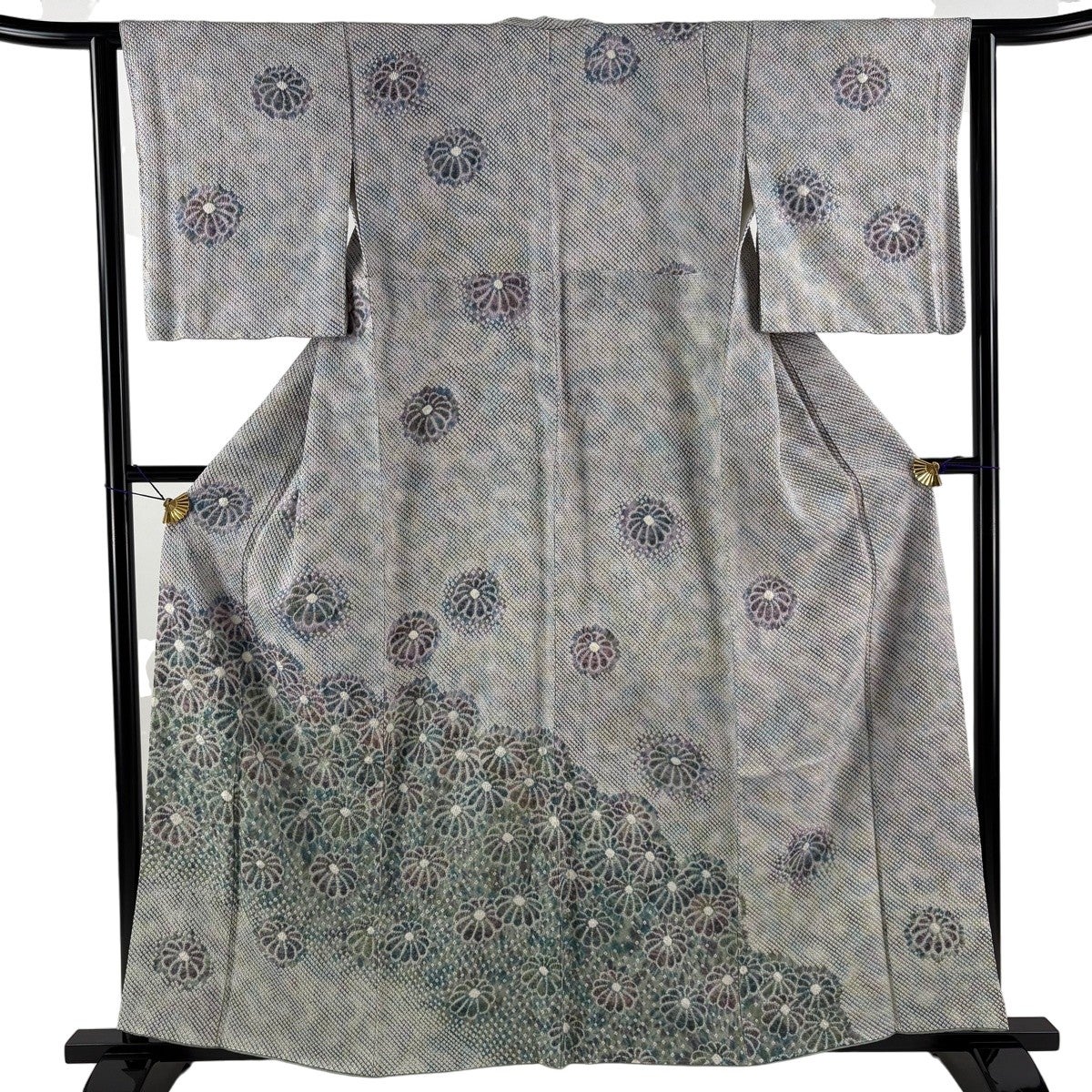 美品】 訪問着 身丈159.5cm 裄丈62cm S 袷 菊 絞り 灰緑 正絹 逸品