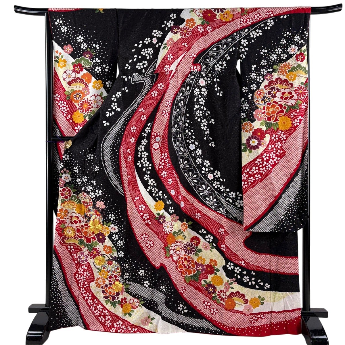 赤×黒 華文様 振袖 身丈157 美品】 振袖 身丈168cm 裄丈67cm M 袷 草花 手鞠 銀通し 金彩 黒 正絹