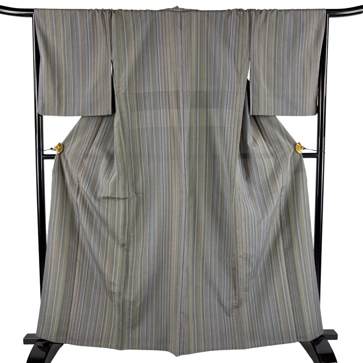 美品】 紬 身丈161.5cm 裄丈67.5cm L 単衣 縦縞 灰緑 正絹 名品｜中古