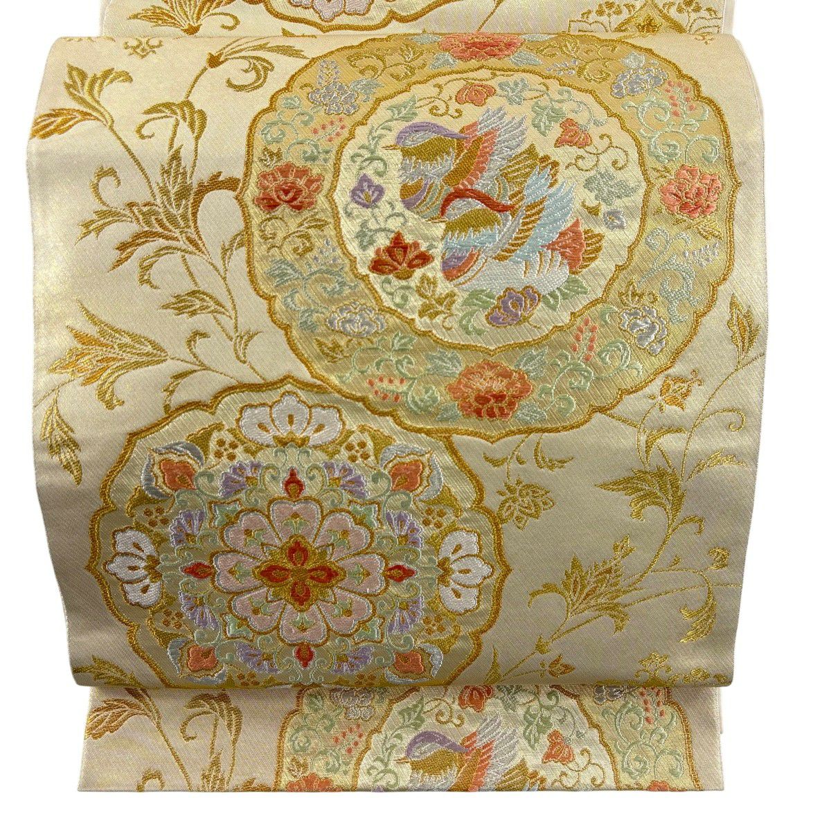 美品】 袋帯 名品 落款あり 証紙あり 本家加納 鳥 草花 金銀糸 箔 金色