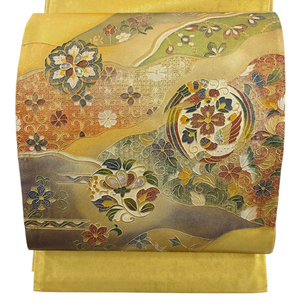 袋帯 美品 秀品 鳥 草花 箔 金色 お太鼓柄 正絹｜中古・古着
