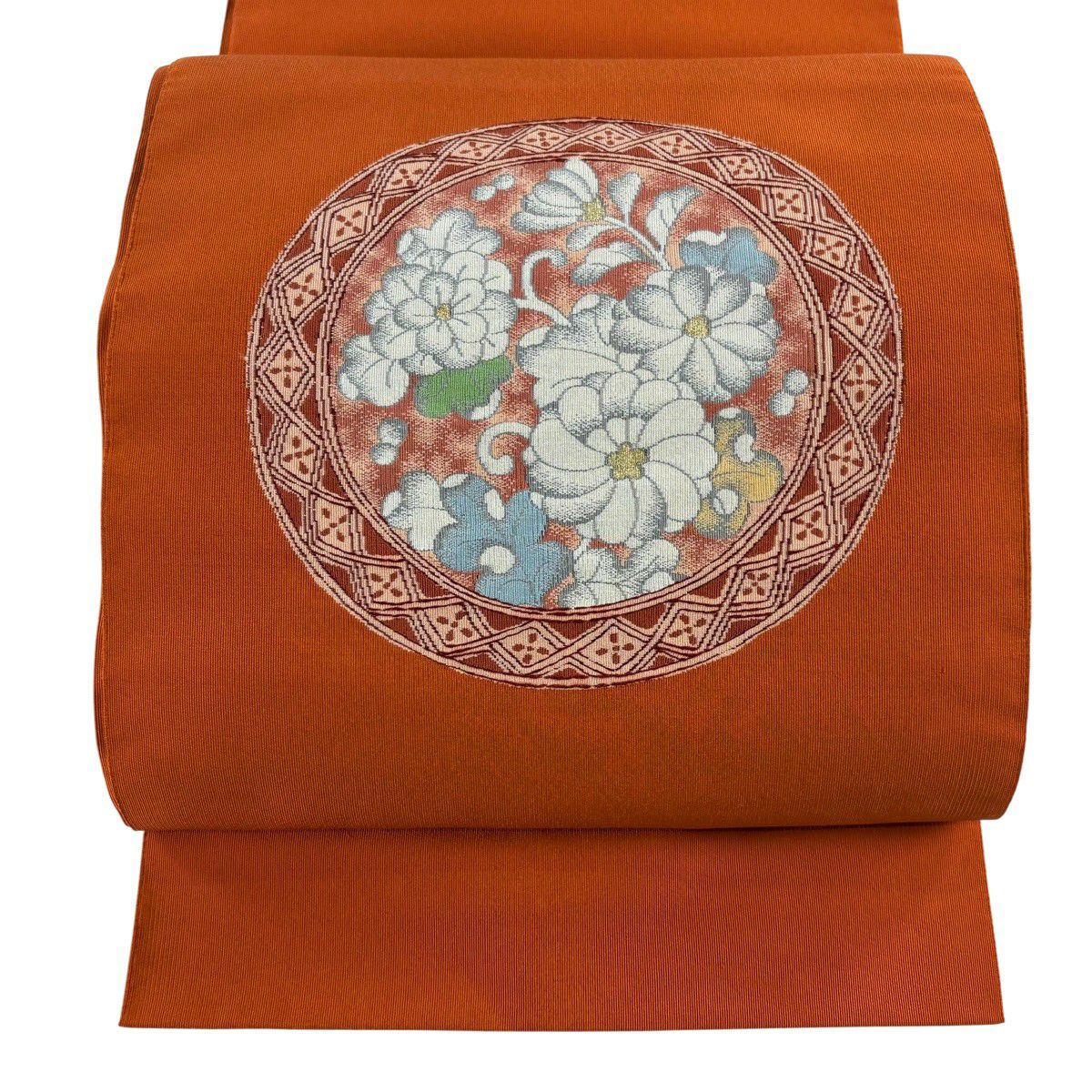 美品】 名古屋帯 秀品 紬地 草花 花唐草 刺繍 薄オレンジ 正絹｜中古