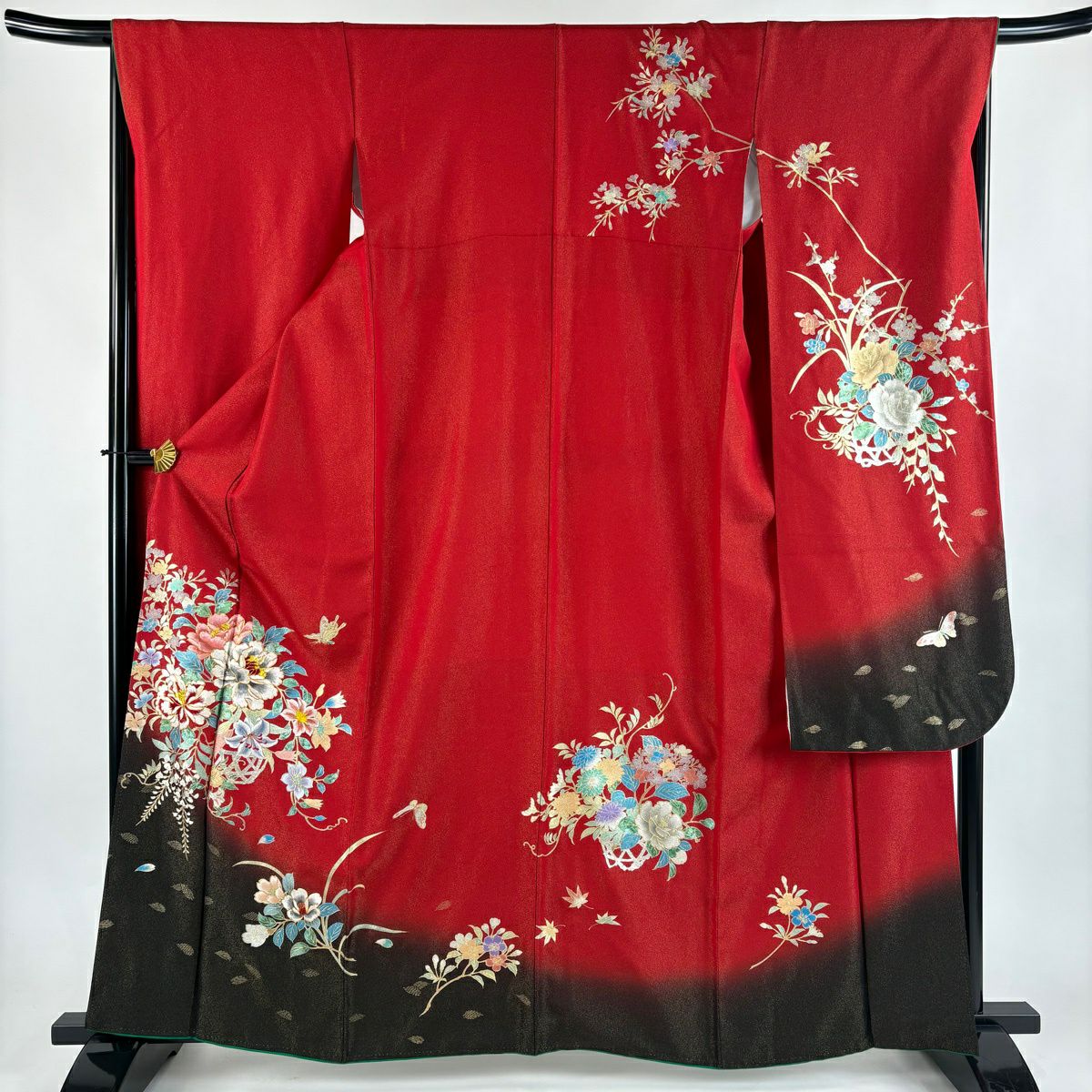 振袖 身丈157cm 裄丈63cm 正絹 名品 【中古】 美品】 振袖 身丈157.5cm 裄丈64.5cm M 袷 草花 ヱ霞 縮緬 ぼかし 朱色