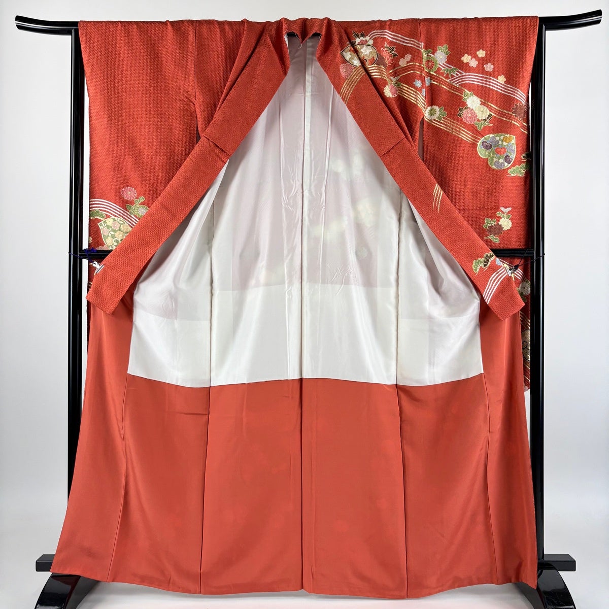 振袖 名品 身丈164.5cm 裄丈70cm 正絹 【中古】 振袖 身丈167cm 裄丈70cm L 袷 扇 花鳥 金彩 染め分け オレンジ 正絹