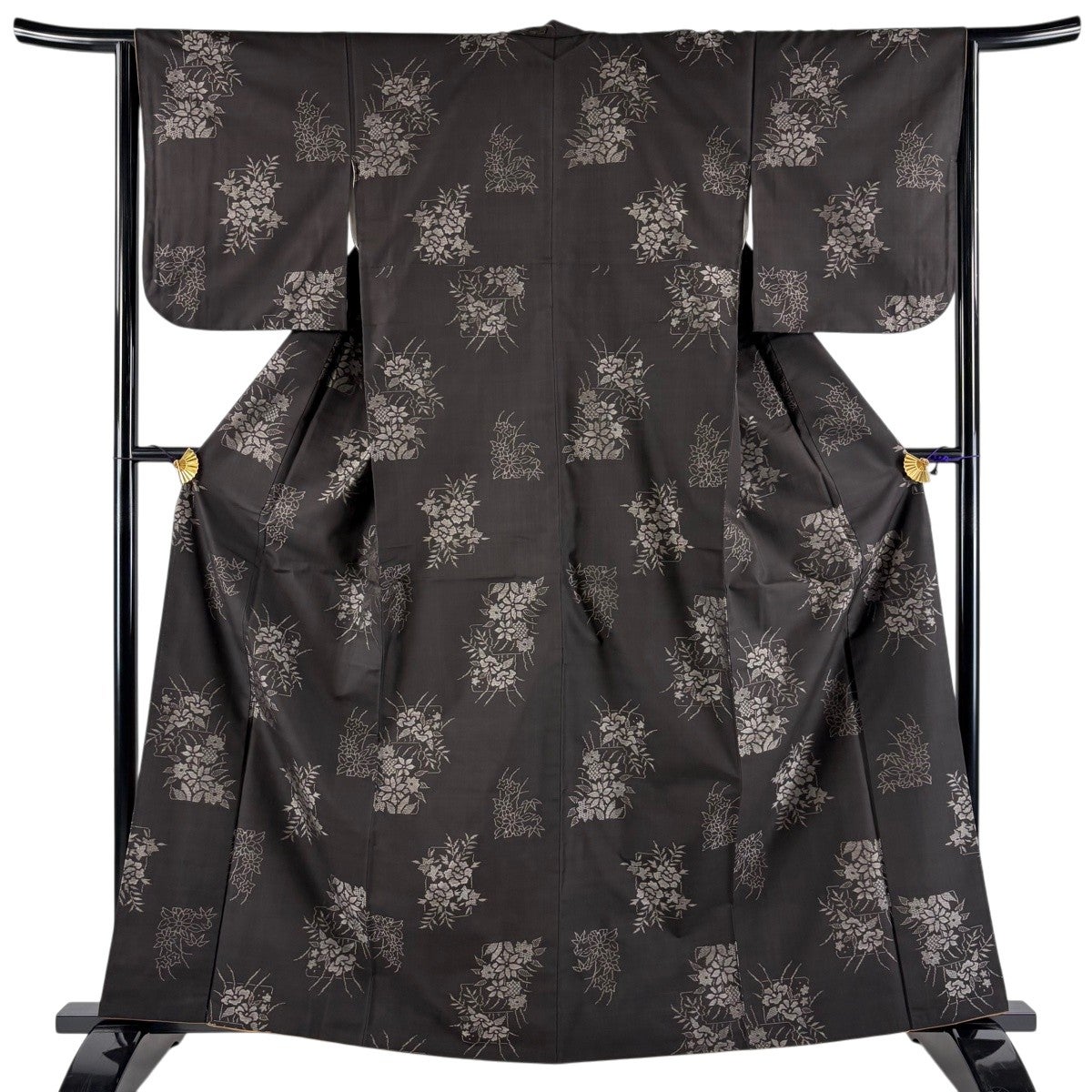 美品】 大島紬 身丈163cm 裄丈64.5cm M 袷 証紙あり 色紙 草花 焦茶色