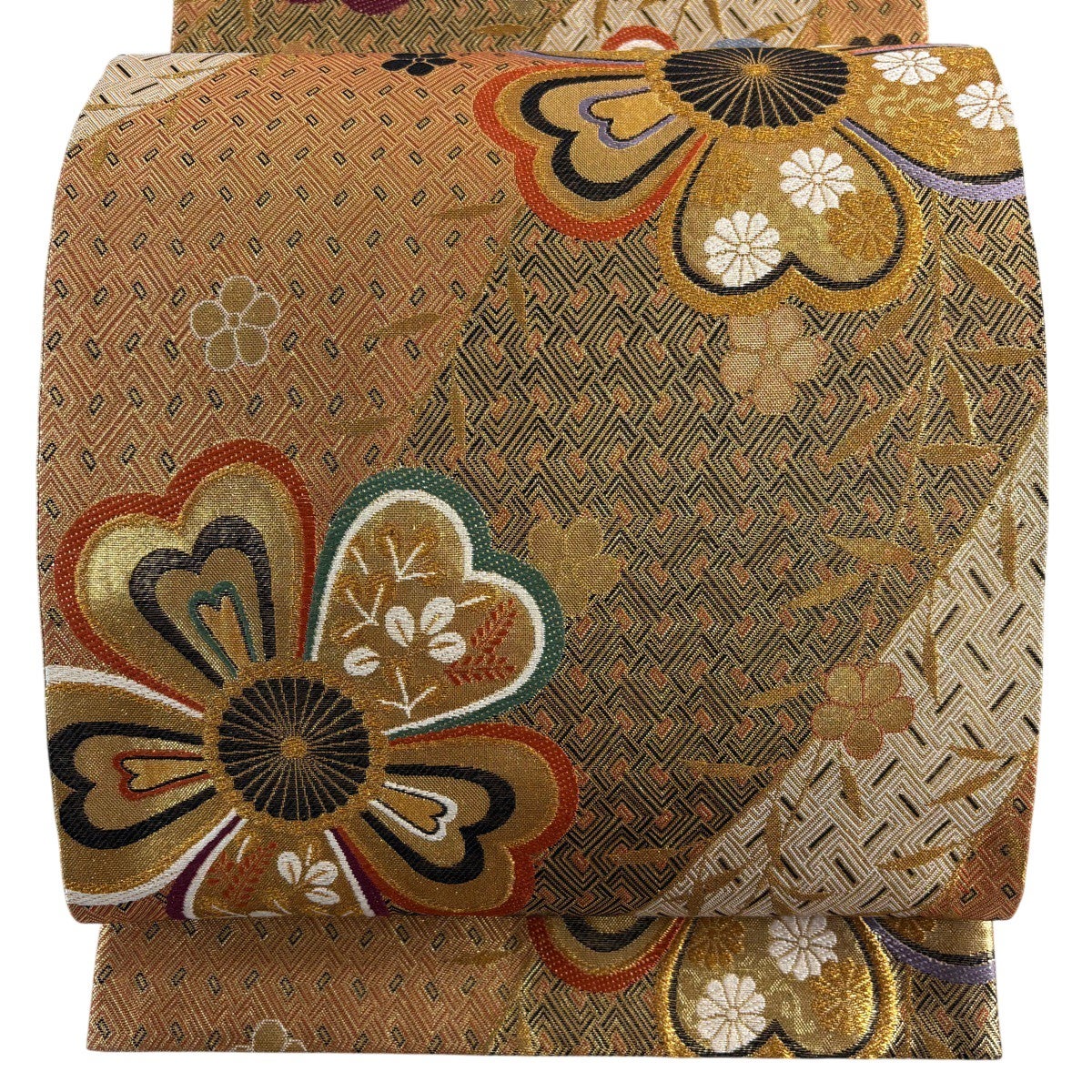 美品】 袋帯 秀品 彩美錦 源氏車 梅 金糸 箔 赤 六通 正絹｜中古・古着