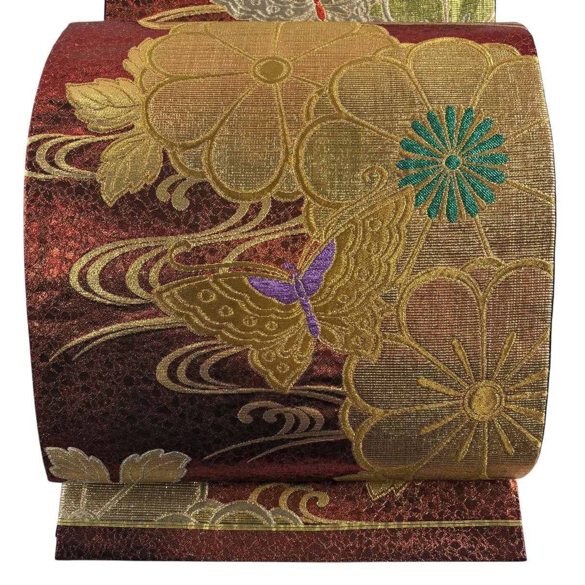 刺繍 六通 袋帯 金糸 正絹 未使用品 美品】 袋帯 秀品 蝶 桜 金糸 箔 えんじ色 六通 正絹｜中古・古着