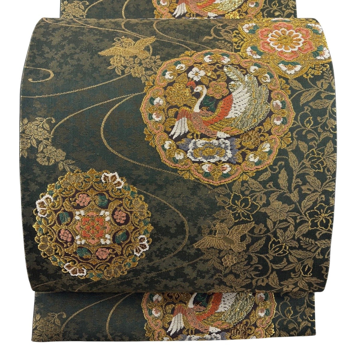 美品】 袋帯 秀品 華文 草花 箔 深緑 六通 正絹｜中古・古着