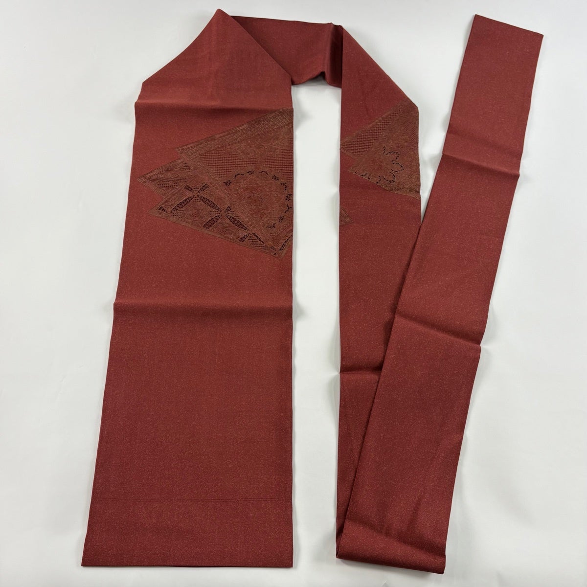 美品】 名古屋帯 秀品 華文 七宝 刺繍 箔 赤茶 正絹｜中古・古着