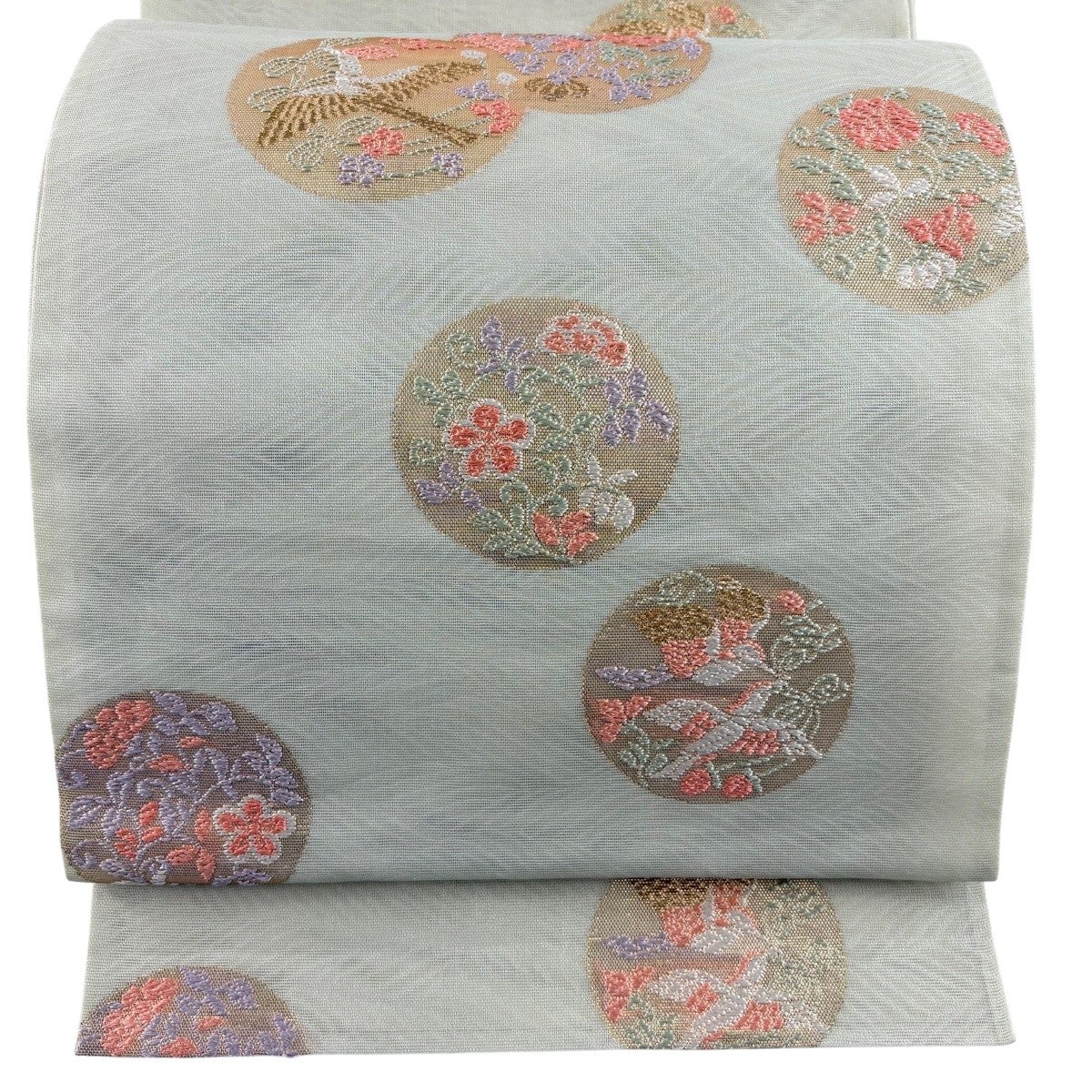 袋帯 秀品 夏帯 紗 花鳥 波 金糸 箔 薄緑 六通 正絹｜中古・古着