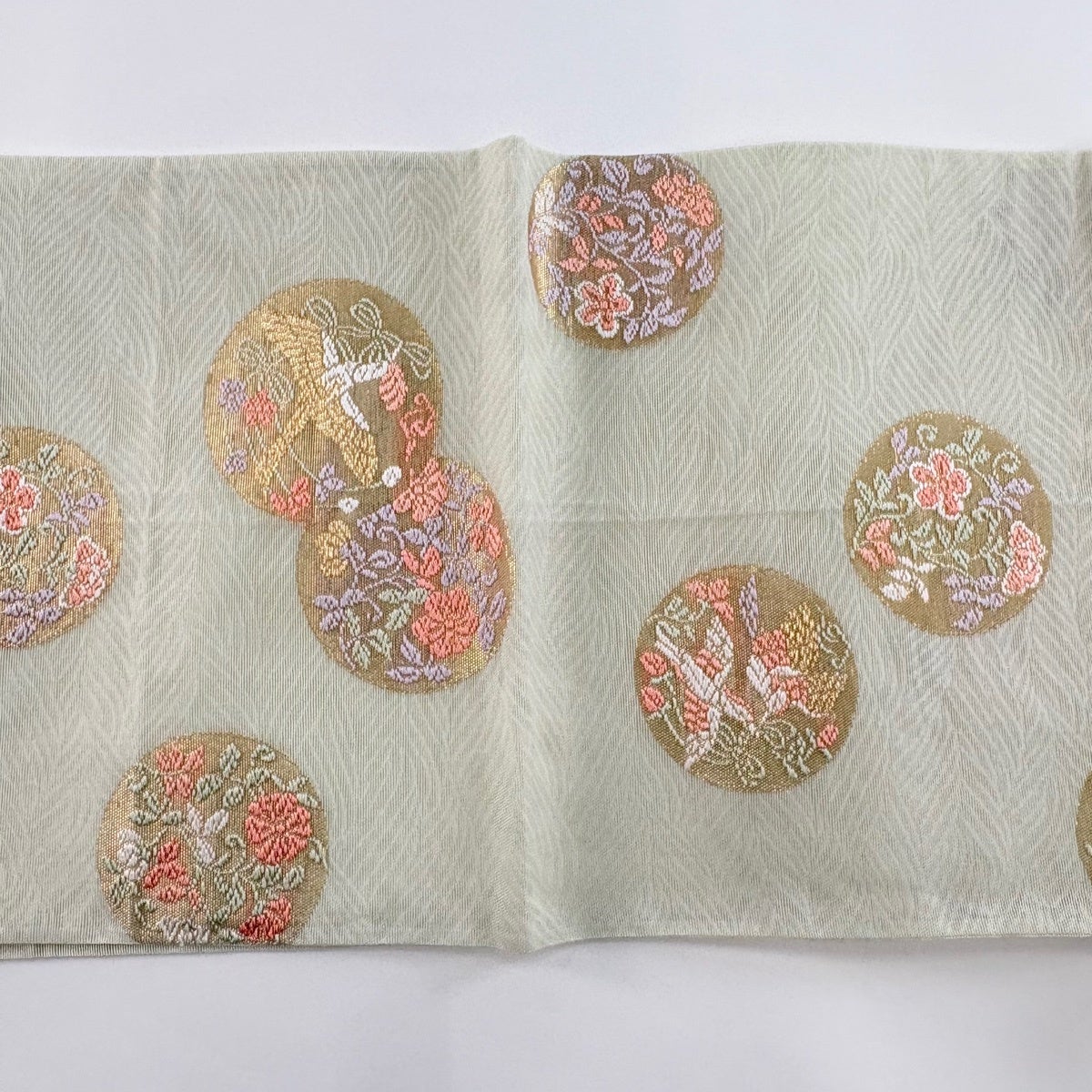 夏物 夏帯 袋帯 中古 リサイクル 正絹 フォーマル 仕立て上がり 六通 地紙に花鳥の図 箔糸 練色 多色 金銀 きもの北條 A1343-18 袋帯 秀品 夏帯 紗 花鳥 波 金糸 箔 薄緑 六通 正絹｜中古・古着