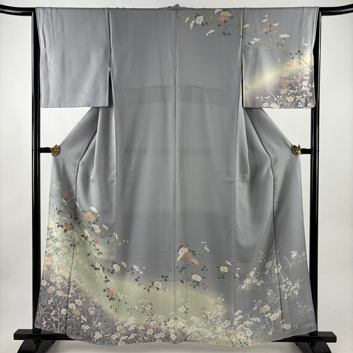 訪問着 身丈161cm 裄丈65cm M 袷 枝花 草花 染め分け ぼかし 灰色 正絹