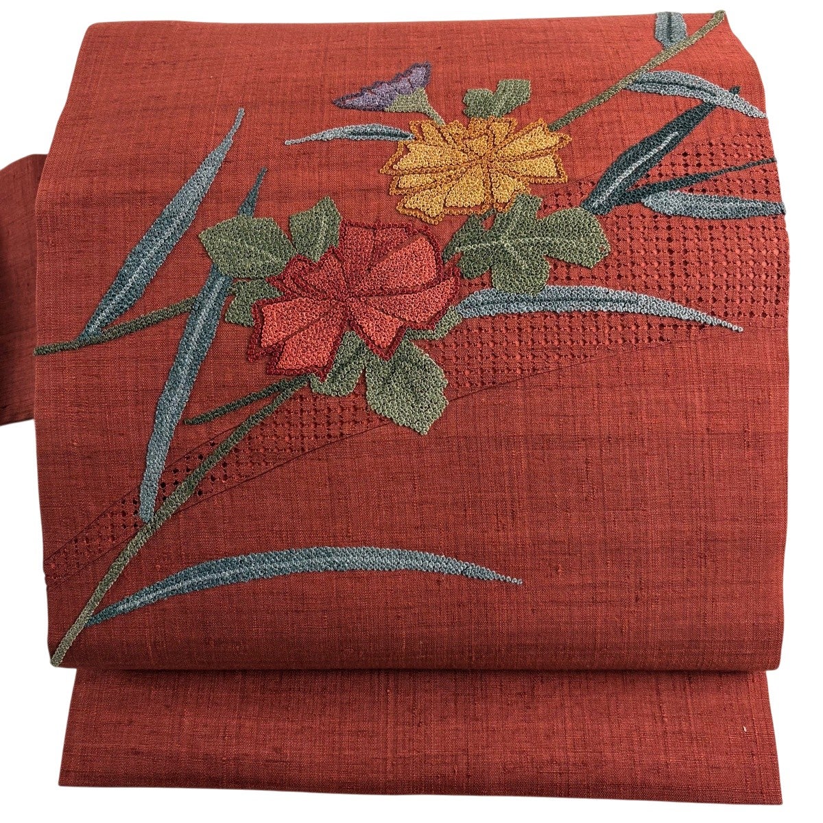 美品】 名古屋帯 秀品 紬地 草花 刺繍 赤茶 正絹｜中古・古着