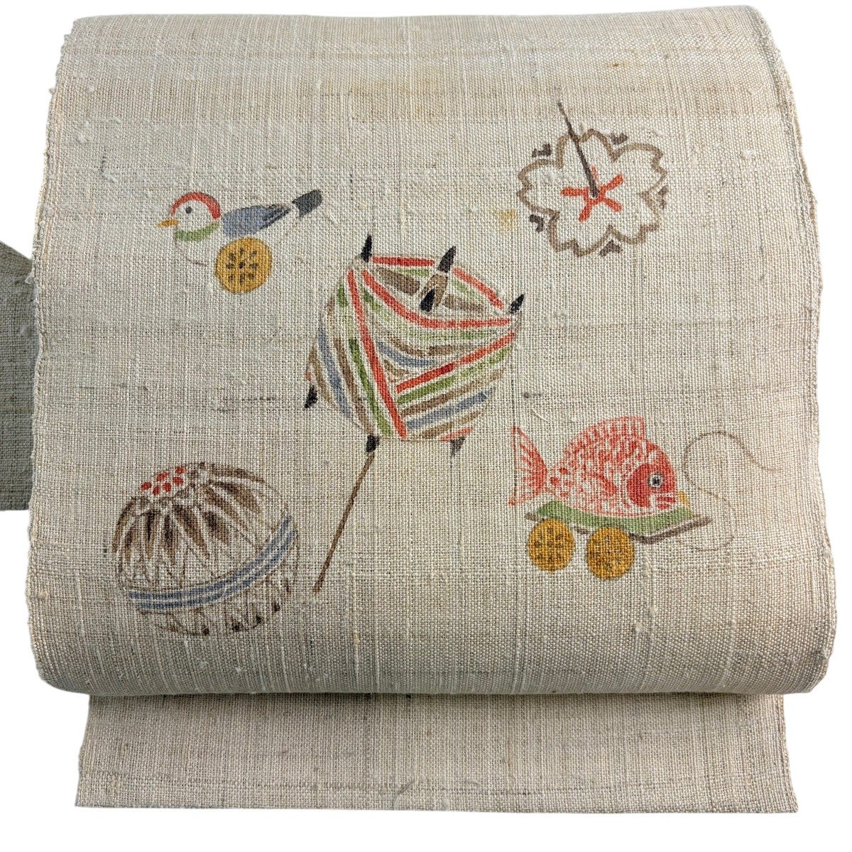 名古屋帯 秀品 八寸名古屋帯 紬地 玩具 手毬 ベージュ 正絹｜中古