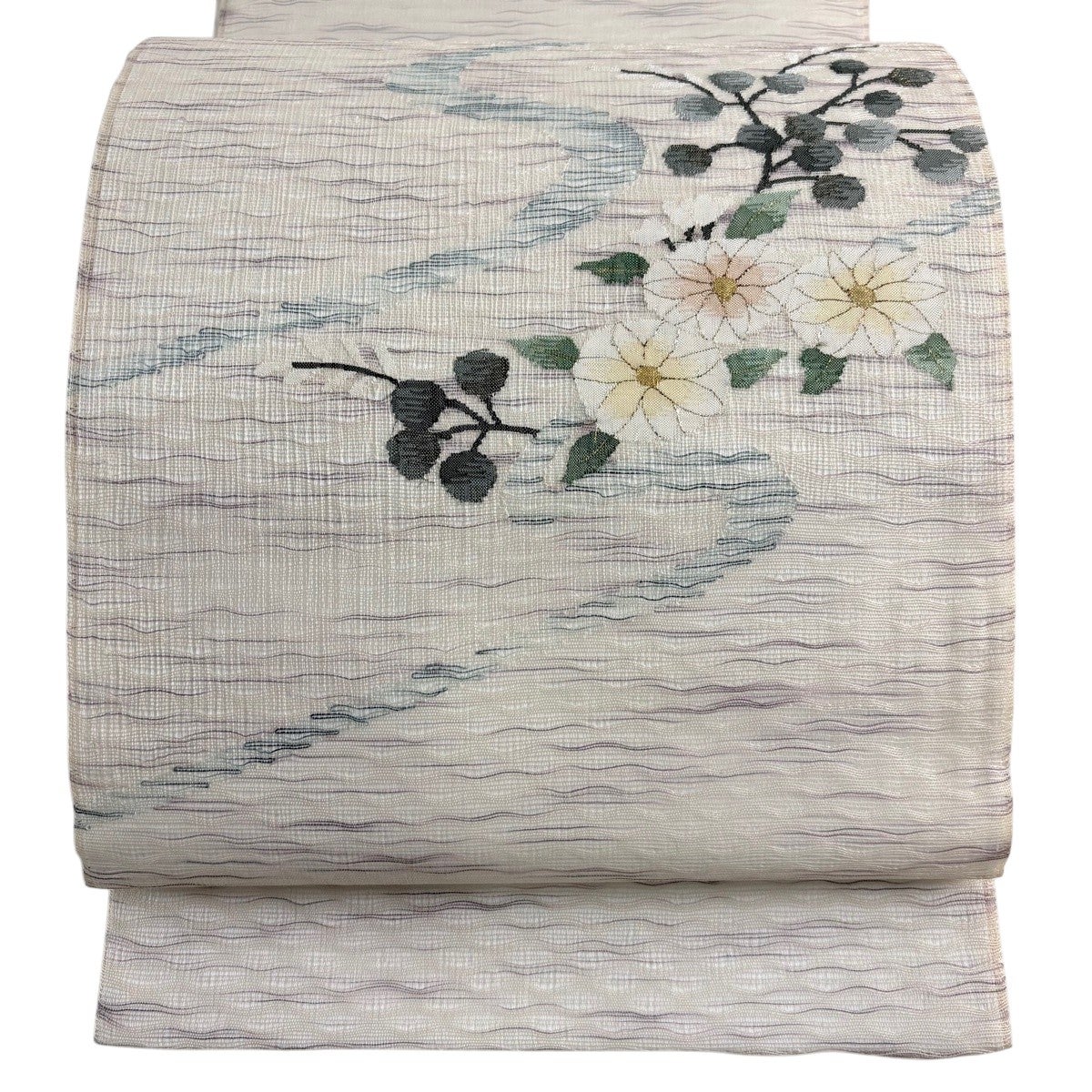 袋帯 秀品 夏帯 草花 流水 金糸 クリーム お太鼓柄 正絹｜中古・古着