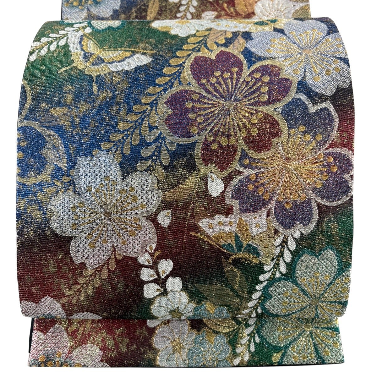 美品】 袋帯 秀品 振袖向き 花 蝶 箔 墨色 六通 正絹|中古・古着 美品】 袋帯 秀品 振袖向き 花 蝶 箔 墨色 六通 正絹|中古・古着