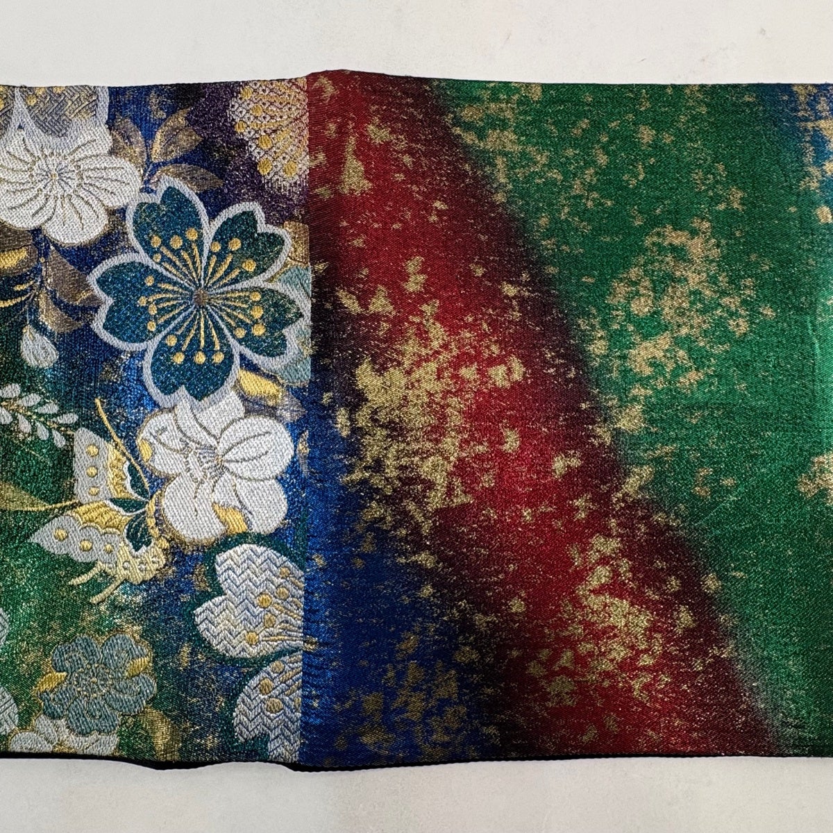 美品】 袋帯 秀品 桜 蝶 金銀糸 箔 緑 六通 正絹｜中古・古着