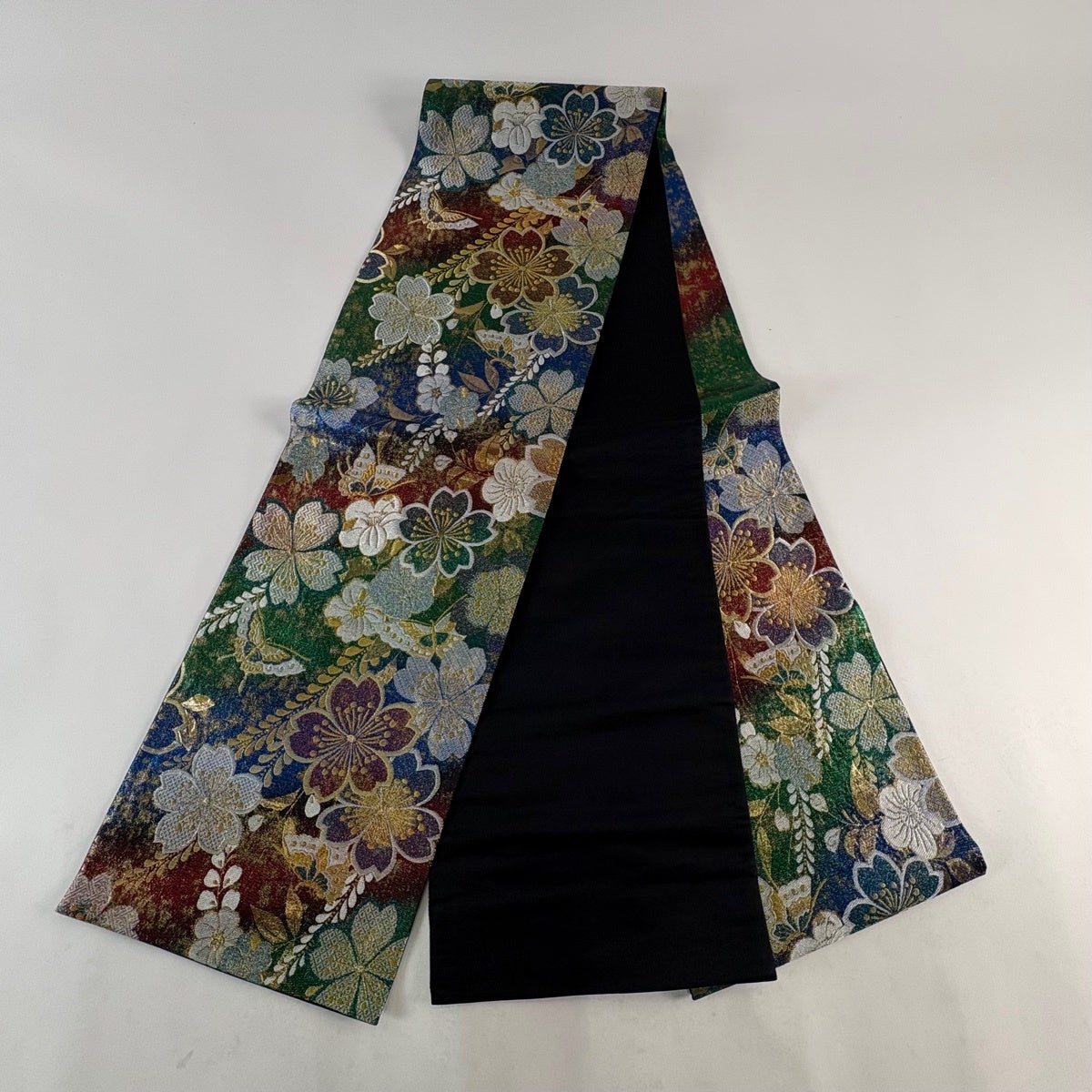 美品】 袋帯 秀品 桜 蝶 金銀糸 箔 緑 六通 正絹｜中古・古着