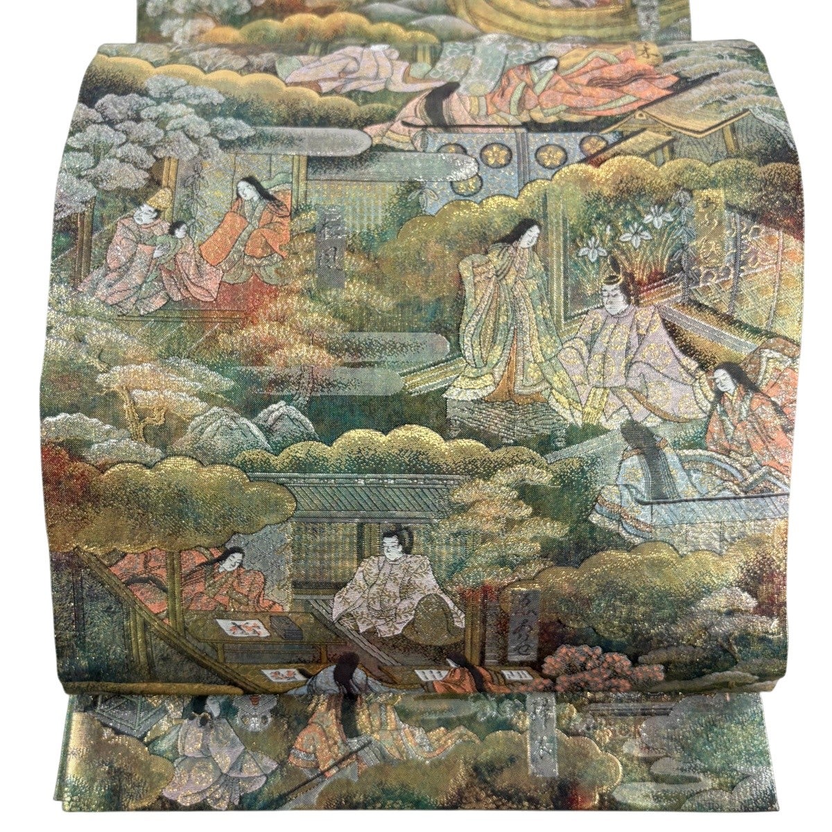 正絹 袋帯  豪華 源氏物語絵巻 美品】 袋帯 秀品 源氏物語絵巻 箔 緑 全通 正絹｜中古・古着