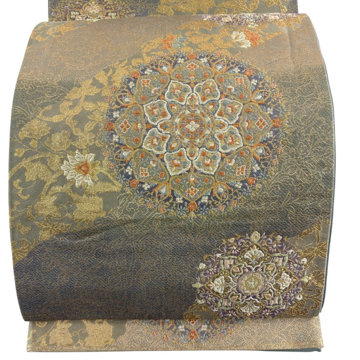 袋帯 秀品 華文 花唐草 金糸 箔 灰緑 六通 正絹｜中古・古着
