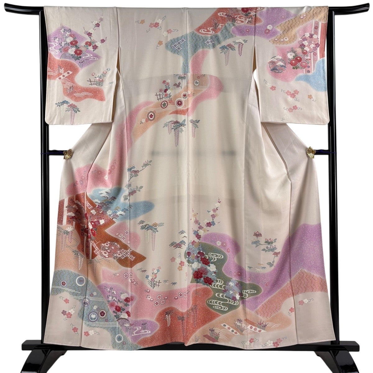 訪問着 身丈156.5cm 裄丈64cm M 袷 松竹梅 菊 刺繍 金彩 薄ピンク 正絹