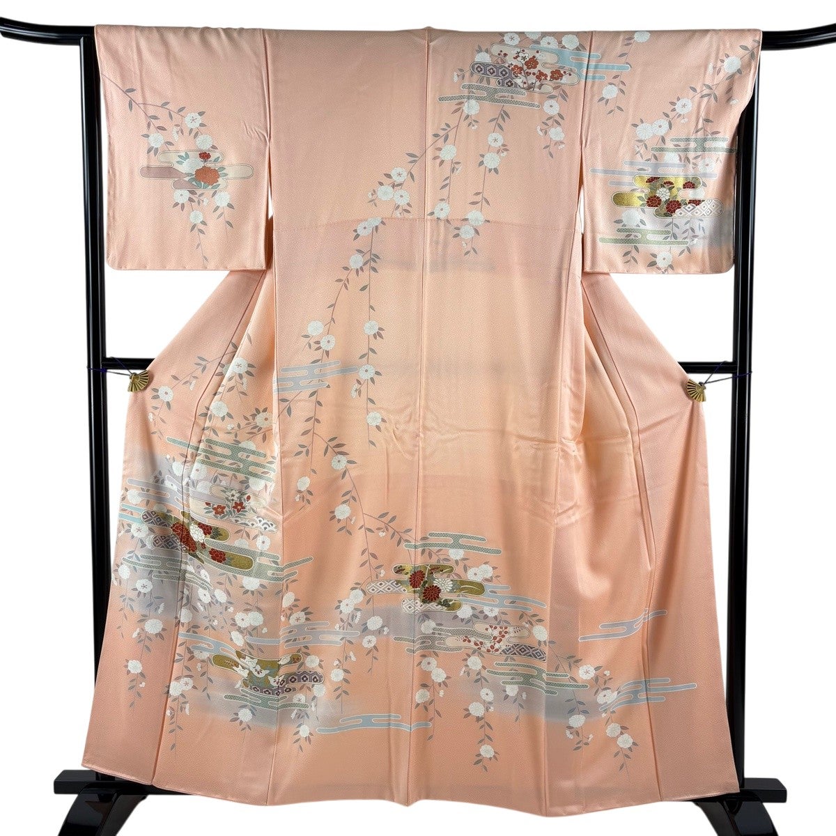 訪問着 美品 名品 身丈159cm 裄丈68.5cm 正絹 【中古】 訪問着 身丈159cm 裄丈65cm M 袷 霞 草花 金彩 ぼかし サーモンピンク