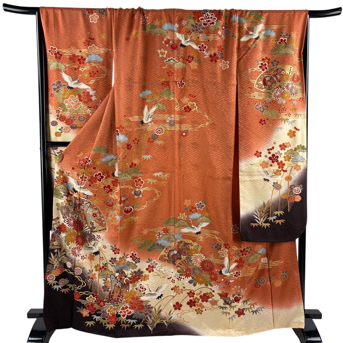 振袖 身丈167cm 裄丈70cm L 袷 扇 花鳥 金彩 染め分け オレンジ 正絹