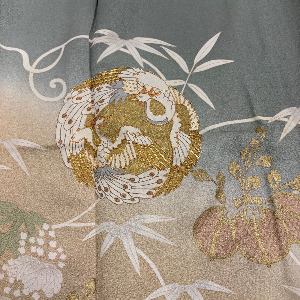 色留袖 身丈161.5cm 裄丈68cm L 袷 鳳凰 桐 金糸 金彩 灰緑 正絹 秀品