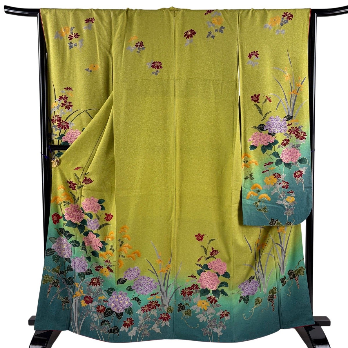 振袖 身丈163cm 裄丈66cm 正絹 美品 名品 【中古】 振袖 身丈163cm 裄丈66cm M 袷 紫陽花 百合 金彩 箔 抹茶色 正絹 秀品