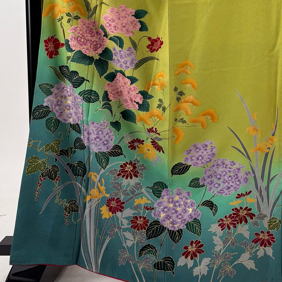 振袖 身丈163cm 裄丈66cm M 袷 紫陽花 百合 金彩 箔 抹茶色 正絹 秀品