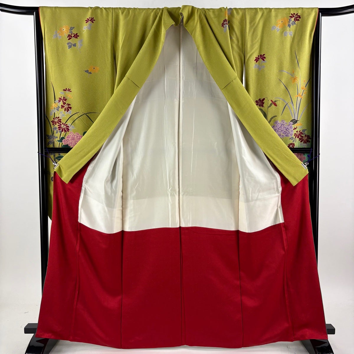 振袖 身丈163cm 裄丈66cm M 袷 紫陽花 百合 金彩 箔 抹茶色 正絹 秀品