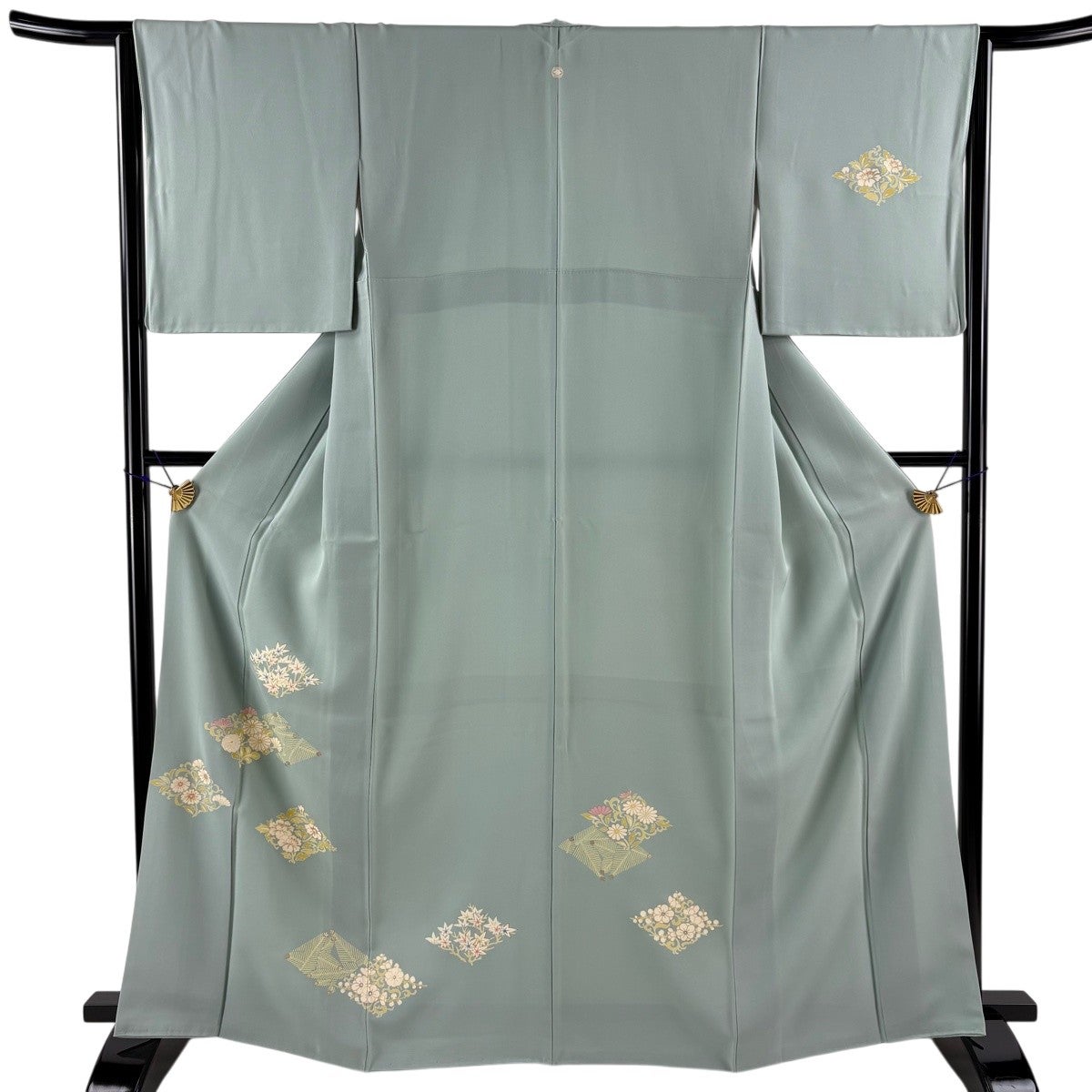 【訪問着/裄丈68cm】灰緑色系　枝垂れ桜　金銀彩 付下げ 身丈166.5cm 裄丈65cm M 袷 草花 花菱 金彩 青灰色 正絹 秀品