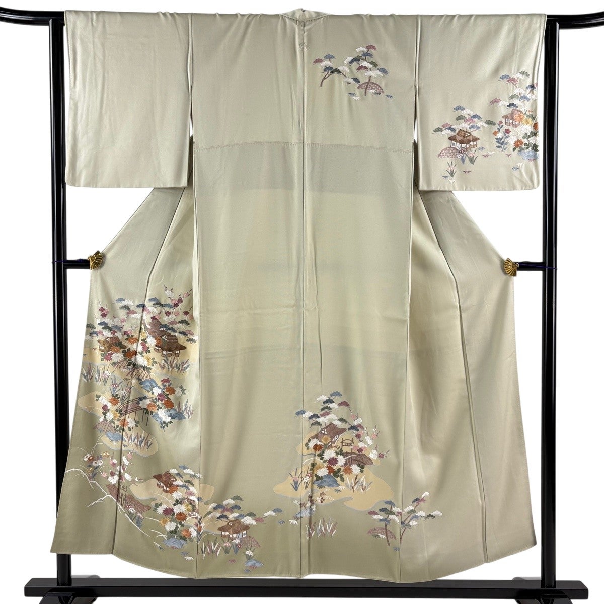 美品】 訪問着 身丈152cm 裄丈63cm S 袷 松竹梅 家屋 金糸 刺繍 灰緑