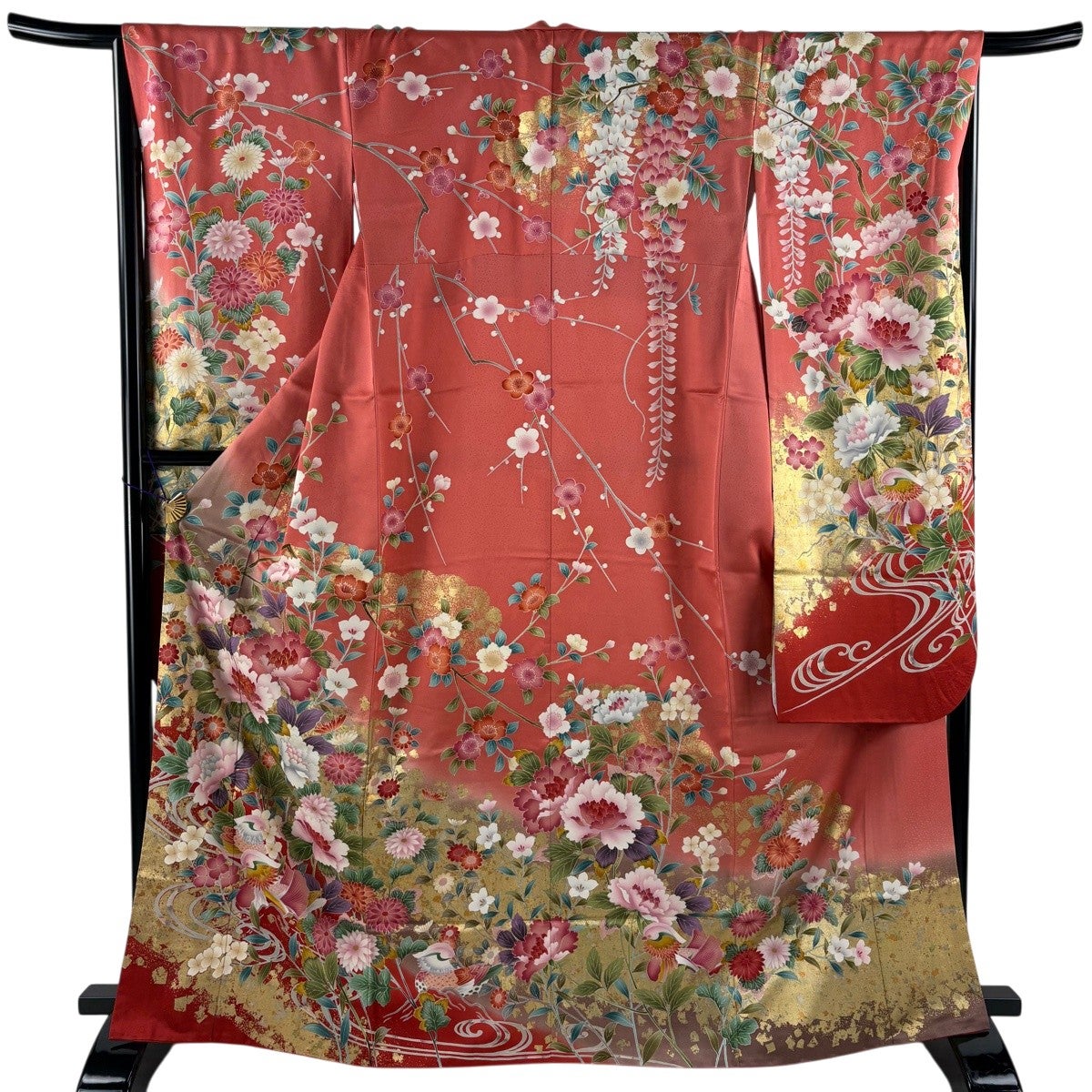 振袖 身丈166cm 裄丈66cm 正絹 秀品 【中古】 振袖 身丈166cm 裄丈66cm M 袷 草花 鴛鴦 金糸 金彩 サーモンピンク