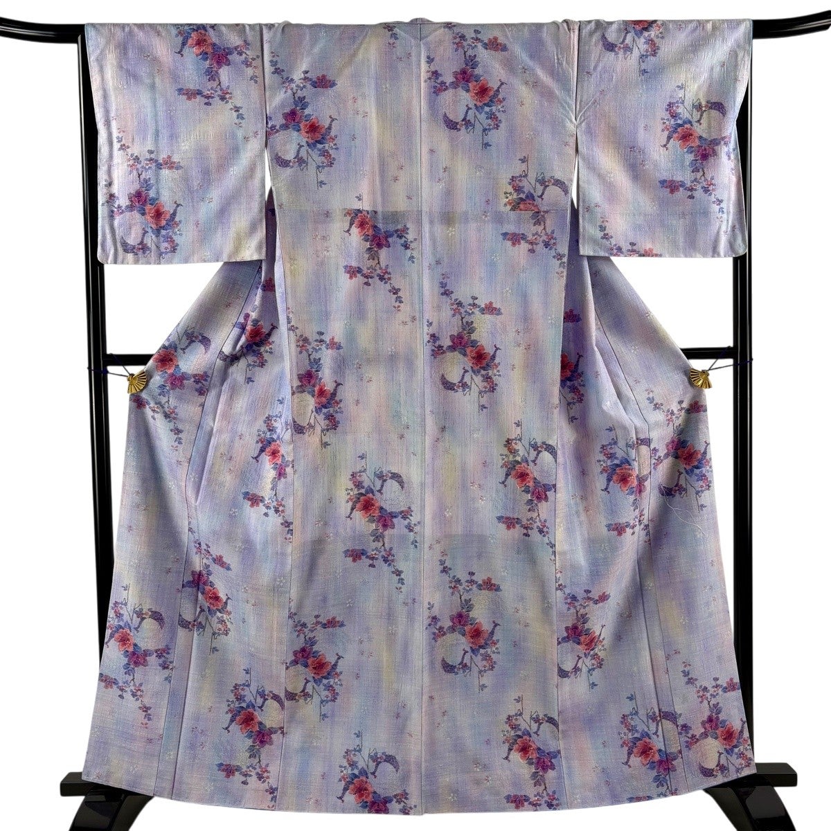 美品】 紬 身丈162cm 裄丈66.5cm M 袷 小千谷紬 証紙あり 孔雀 枝花