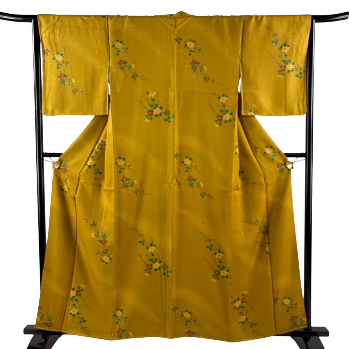 小紋 身丈159.5cm 裄丈65.5cm M 袷 草花 金彩 山吹茶色 正絹 秀品