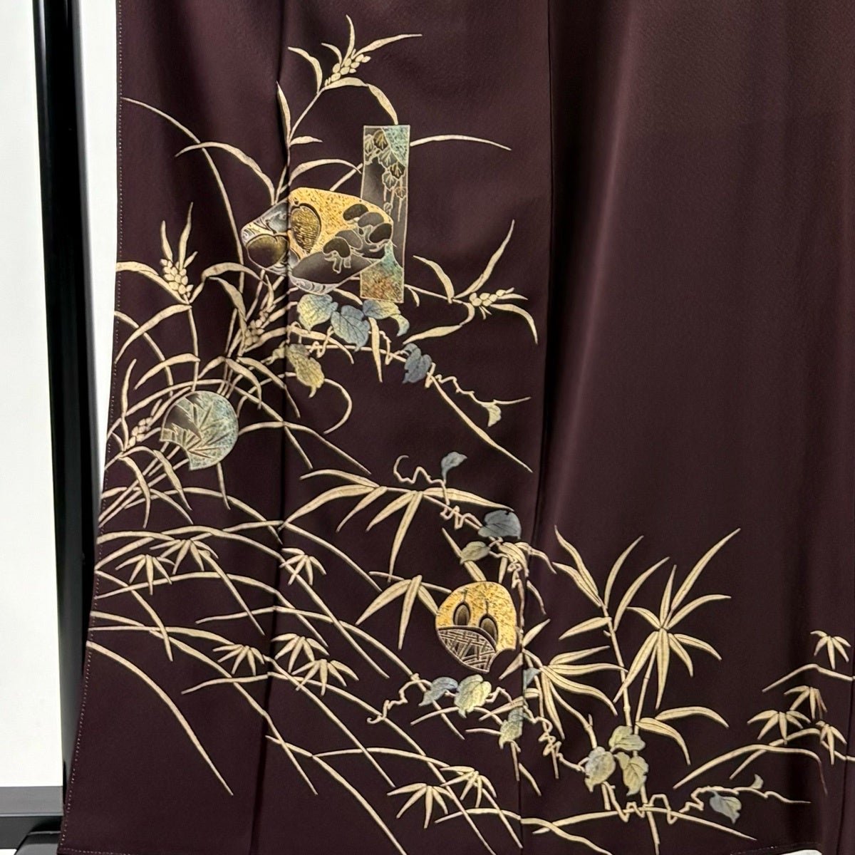訪問着 身丈159cm 裄丈66cm 正絹 名品 【中古】 訪問着 身丈159cm 裄丈67cm M 袷 短冊 笹 箔 金彩 濃紫 正絹 秀品