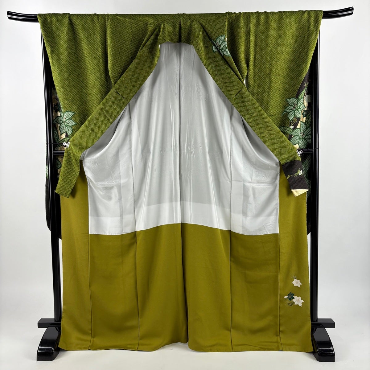 美品】 振袖 身丈169cm 裄丈70cm L 袷 草花 流水 金銀彩 絞り 緑 正絹