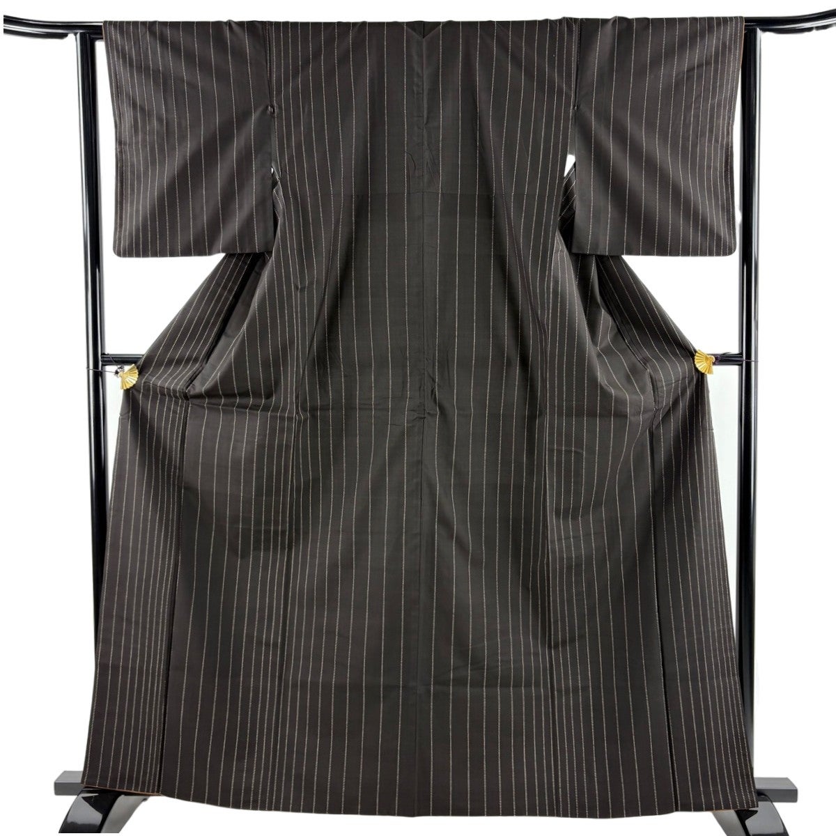 小紋 身丈161cm 裄丈63cm S 袷 縞 幾何学 焦茶色 正絹 秀品｜中古