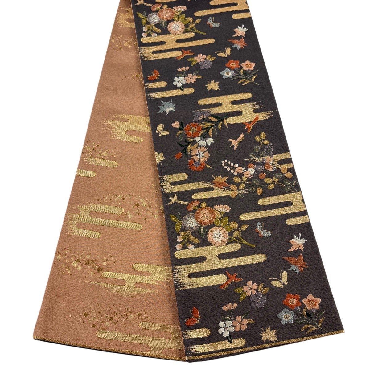 美品】半幅帯 秀品 草花 ヱ霞 金糸 箔 灰茶 正絹｜中古・古着