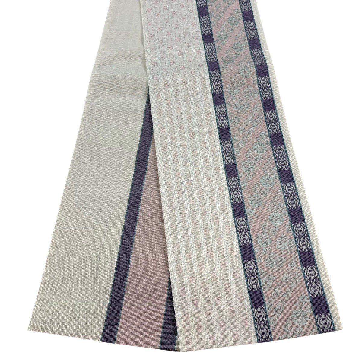 美品】半幅帯 秀品 草花 縞 白 正絹｜中古・古着・リサイクル着物通販