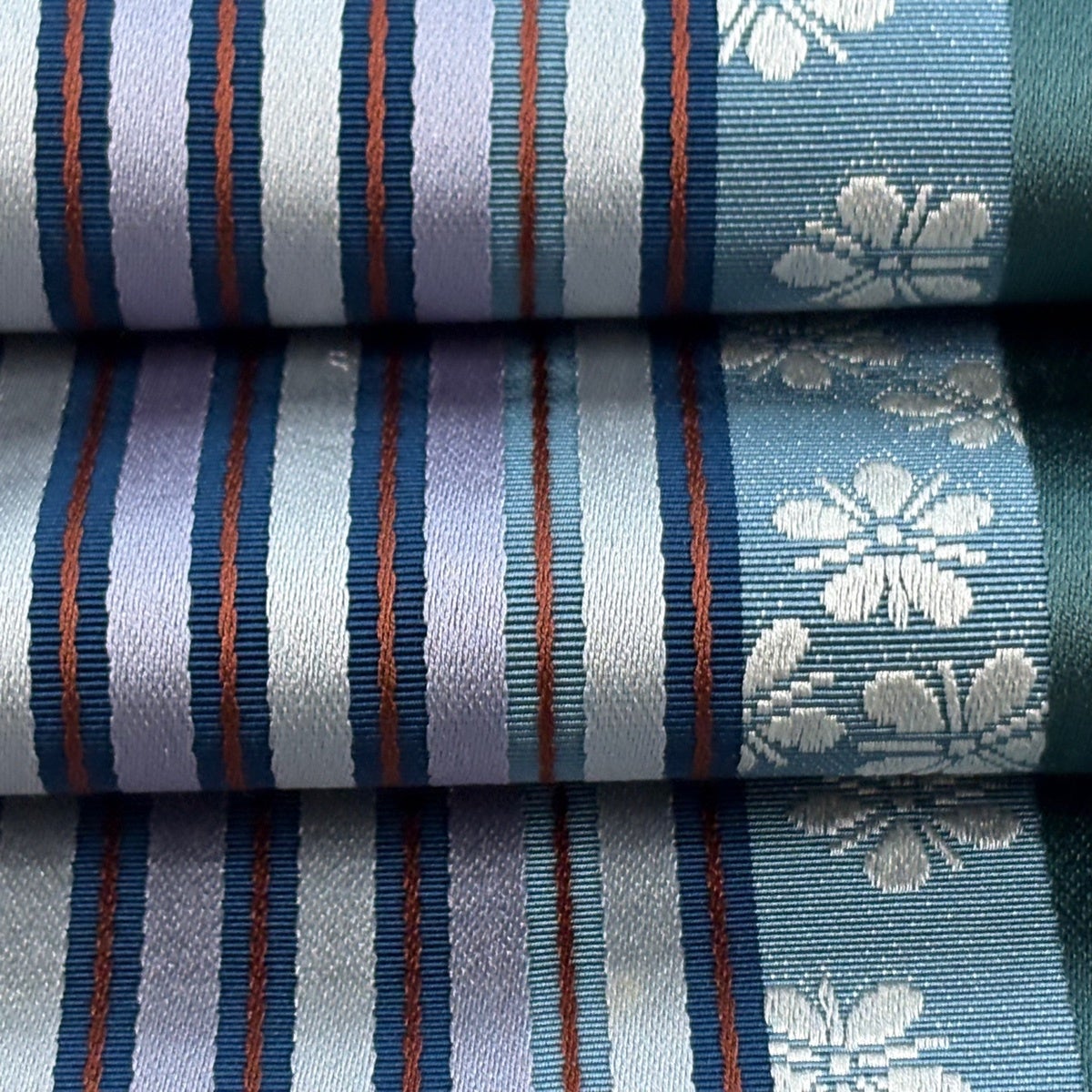 半幅帯 秀品 証紙あり 本場博多織 花 縞 灰緑 正絹｜中古・古着